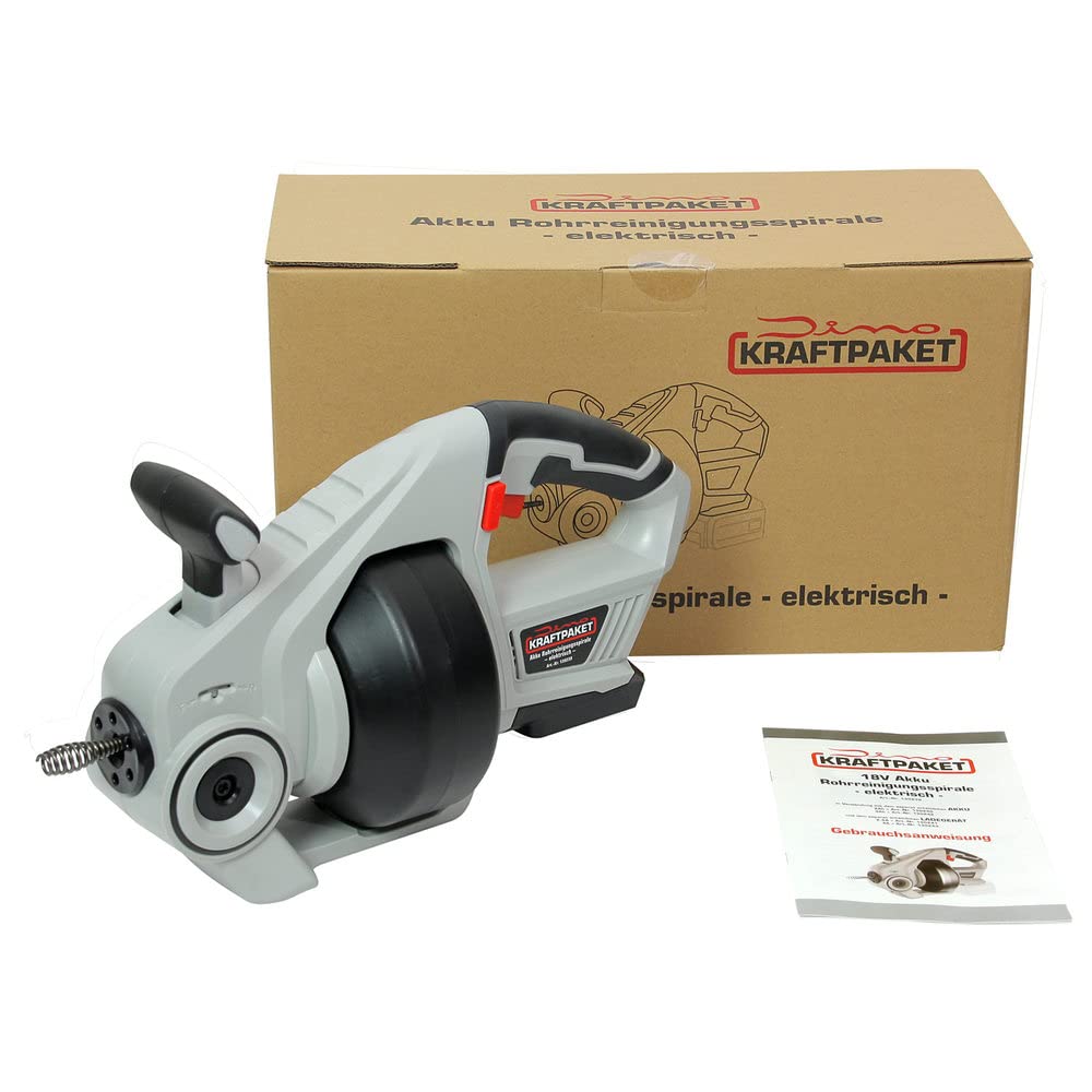 Dino KRAFTPAKET 18V-450W Akku Rohrreiniger elektrisch mit Rohrreinigungsspirale im Set mit 2Ah Akku und 2.5A Ladegerät Rohrreinigungsgerät geeignet für Rohrdurchmesser 19-76m