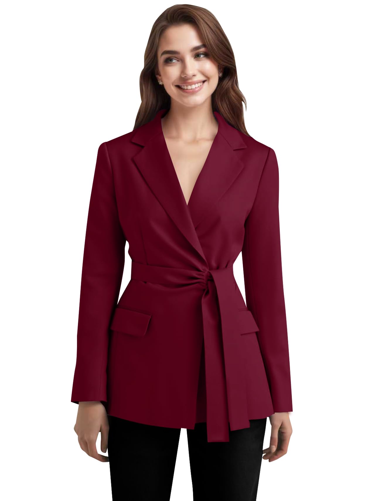 Womens Blazer Business Casual Long Sleeve Suit Jackets Notch Lapel Work Office Outfits Jacket with Belt