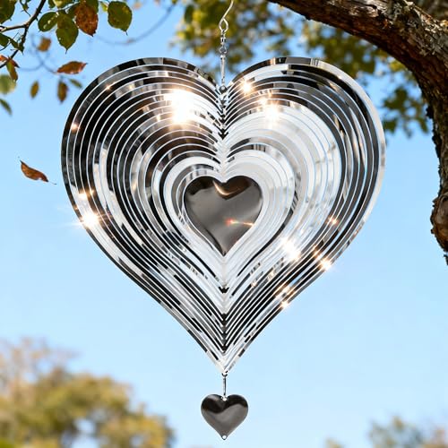 SUNCKET Stainless Steel Wind Spinner Garden Decor, Valentine's Day Gifts for Women, Gifts for Grandma and Mom, 3D Heart 12-Inch Hanging Yard Spinner...
