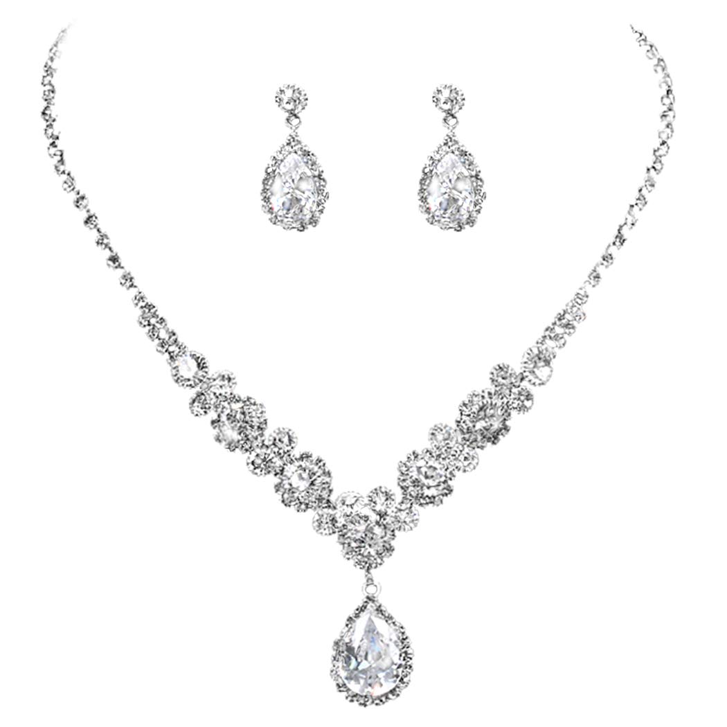 4Pcs Silver Jewelry Set for Women Crystal Tiara and Necklace Kit for Girls Rhinestone Crown Earrings Neck Accessories for Bride Wedding Birthday Party Bridal Prom Bridesmaid Dress up