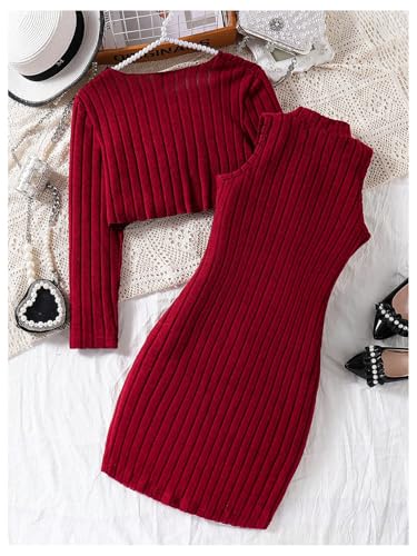WDIRARA Girl's 2 Piece Outfits Knitted Pearl Long Sleeve Cardigan Bodycon Dress Set2