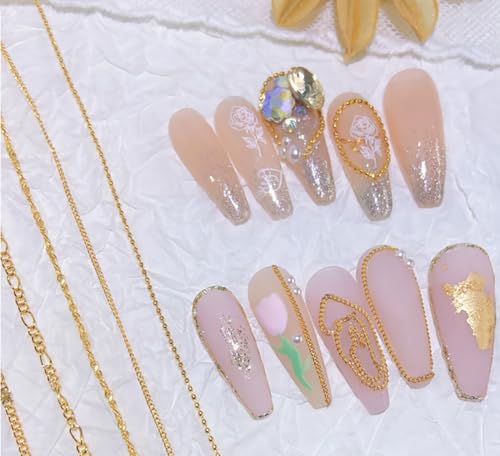 Nail Chain Charms, 6 Styles 3D Metal Nail Art Chain, Gold Nail Chain Decoration, Glitter Nail Art Design Chains Punk Nail Studs Jewelry Accessory Nails Supply for Women DIY Manicure Tips Decor