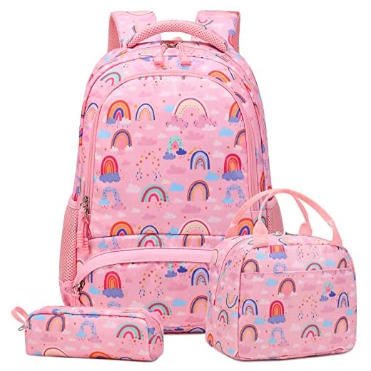 Kimwadalh Mochila Arcoiris Mochila Primaria Niña Bolsa Escolar Niñas Set de Mochila Colores Niña,Mochila Infantil Niña + Bolsa de Almuerzo + Estuche