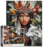 Puzzle femme afro américaine et loup de 1000 pièces pour adultes, animaux de la jungle colorés, forêt tropicale vibrante, 50,8 x 68,6 cm, belle tribu indienne, œuvre d'art amérindienne colorée