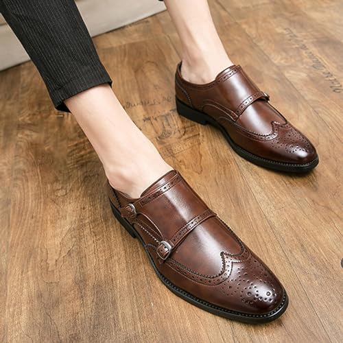 Men's Leather Wingtip Brogue Dress Shoes, Fashion Double Monk Strap Slip-On Business Loafers,Comfortable Non-Slip Casual Work Formal Shoes3