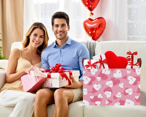 Image of Large Valentine's Day Basket Heart Shaped Storage Bin for Gifts Collapsible Organizer Room Decor (Arrow White Pink Love)