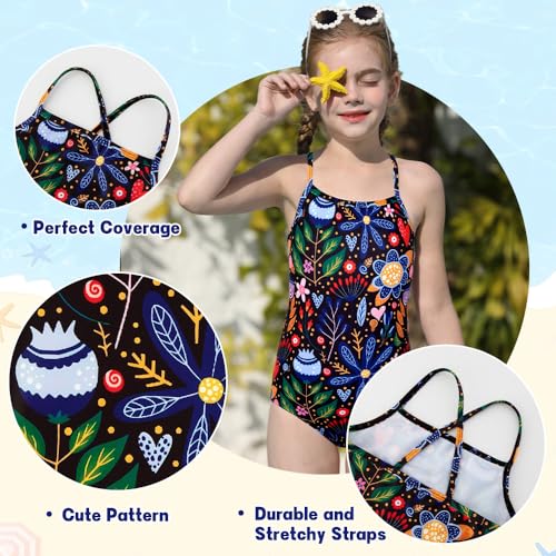 Belovance Girls Swimsuits One Piece Bathing Suit with Criss Corssback Straps Szie 6 7 Kids Children Swimming Suit Black Floral Swimwear Quick Dry (Black Floral, 6-7 Years)3