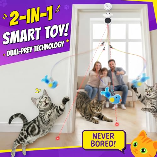 Image of Interactive Cat Toys for Indoor Cats, 2-in-1 Laser Pointer Cat Toy with Automatic Flying Bird & Mouse Wand, Adjustable Speed USB Rechargeable Doorway Hanging Toy for Bored Kittens and Adult Cats
