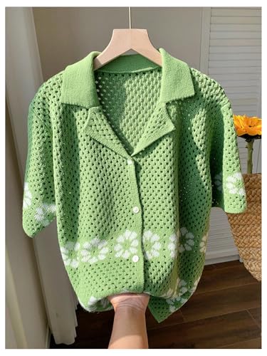 Women's Floral Crochet Sweater Cardigan Hollow Out Button Down Short Sleeve Collared Sweaters4