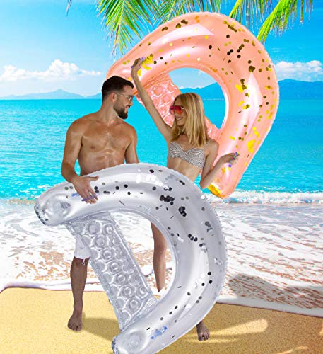 Image of POZA Inflatable Pool Float Chair - Luxurious Lounger Filled with Sparkle Confetti, 2 Built in Cup Holders & Handles, Water Floating Chair for Beach, Lake & Swimming Pool - 48 x 38 Inch