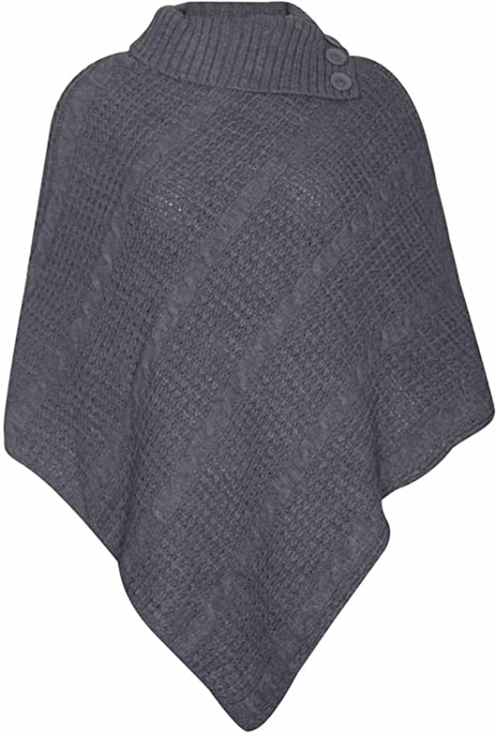 Womens Check Printed Ladies Stretch Knitted Collared Cape Wrap Shawl Jumper Poncho Top (Plain Charaoal)