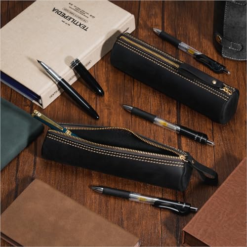 Image of ECHSRT Genuine Leather Pencil Pouch, Classic Cylinder Pen Bag - Black | Full-Grain Cowhide Leather, Crazy Horse Finish, Single Zipper, Vintage Pen Organizer for Adults