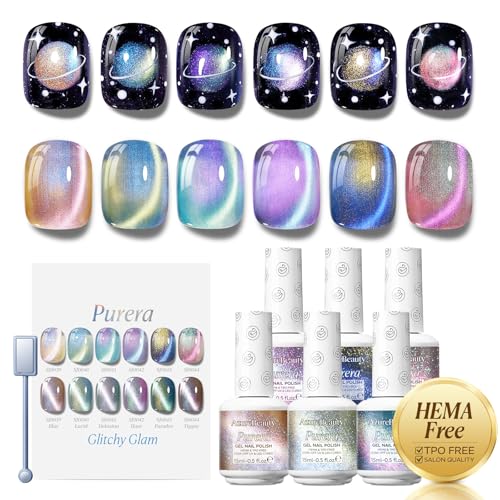 Image of AZUREBEAUTY HEMA-Free 15ML 6 Colors Aurora Cat Eye Gel Polish Set | Galaxy Holographic Nail Gel, Matching Color Bottles with Swatch Card, Soak-Off UV LED Gel for DIY Salon
