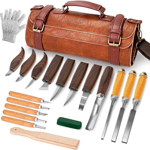 Wood Carving Kit, 20Pcs Wood Carving Tools with Leather Storage Bag, Whittling Kit with 3Pcs Chisels & 8Pcs Whittling Knives & 5 Detail Knives for Beginners and Enthusiasts