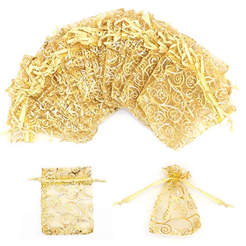 Staruby Organza Gift Bag 100Pcs Gold Sheer Organza Bag Mesh Favor Bags Drawstring Jewelry Rattan Printed Gift Pouches for Wedding Party Favors Couple Shower Christmas Gifts Candy Bags (3x4 Inches)
