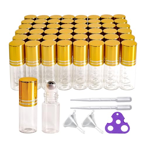PYAWI 50 PCS Essential Oil Roller Bottles 3ml Clear Glass Roller Bottles with Stainless Steel Roller Ball,Gold Caps,for Travel Perfume-2 Funnels, 2 Dropper, 1 Opener(3ml)