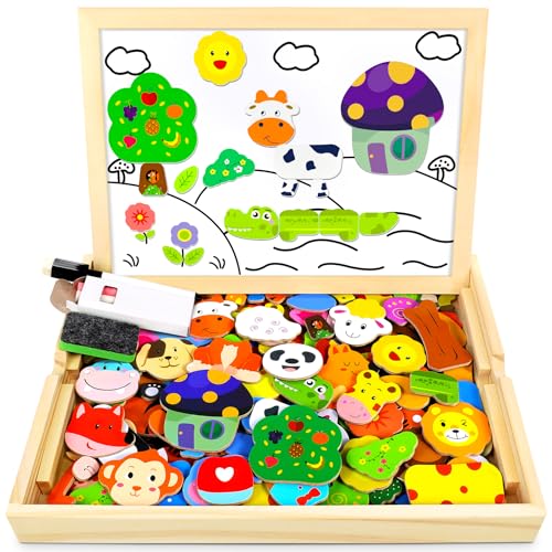 Jojoin Puzzles en Bois Magnétique, 110 Pièces Animaux Jigsaw avec Tableau Noir de Chevalet à Double Face Jouets Educatif, Jouets Montessori Educatif pour...