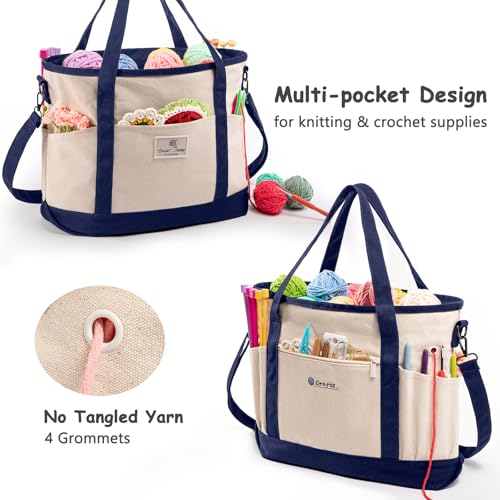 Image of MYBAGZING Canvas Yarn Storage Organizer Bag Washable Crochet Bag with Pockets for Yarn, Hooks, Needles - Travel Knitting Tote for Crafters - Gift for Crocheters & Knitters (Medium /Large)