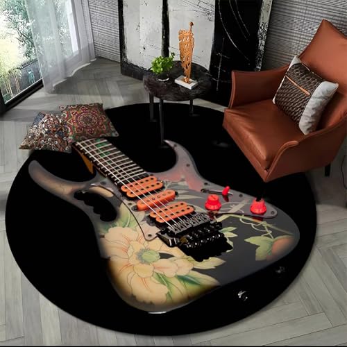 Xisnuient Tapis Rond Guitare Électrique Antidérapant Résistant Aux Taches Flanelle Premium Doux À Poils Courts Thème Musique Rock Tapis De Sol pour Adolescents...