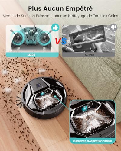 LEFANT M320 Saugroboter mit Wischfunktion 3 in 1, 6.000Pa Staubsauger Roboter mit Präzise-Entfernungs-Navigation, Sichtbar 800ML Staubbehälter, 210Mins, WLAN/App, Ideal für Tierhaare, Teppiche – Bild 4