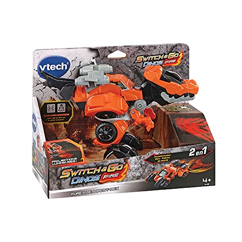 VTech – Switch & Go Dinos Fire, Dinosaurio Sonore Furex, el Super T-Rex, Juguete 2 en 1 transformable en Coche de Carreras, proyecciones Luminosas, Regalo para niños a Partir de 4 años – Contenido en