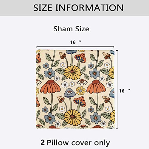 Estmy 2Pcs Retro Boho Floral 16X16 Throw Pillow Covers Set Yellow Orange, 70S Vintage Cute Trippy Mushrooms Fun Decorative Linen Bed Couch Throw Pillow Covers Cushion Cases For Bedroom Living Room #TOP4