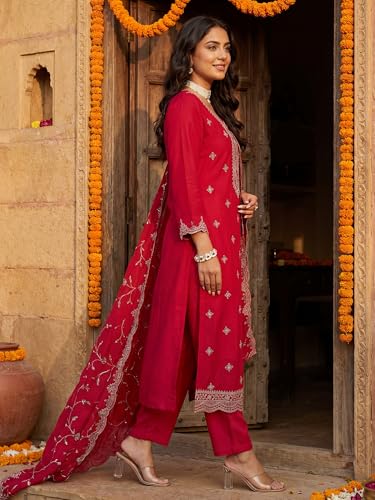 Image of INDO ERA Women's Silk Blend Embroidered Zari Work Kurta & Pant with Dupatta Set