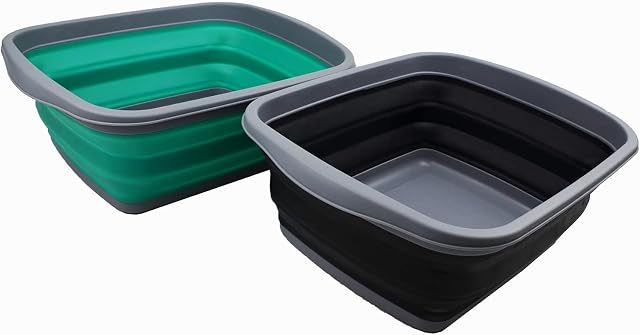 SAMMART 10L Collapsible Tub - Foldable Dish Tub - Portable Washing Basin - Space Saving Plastic Washtub (Bluish-Green + Black)