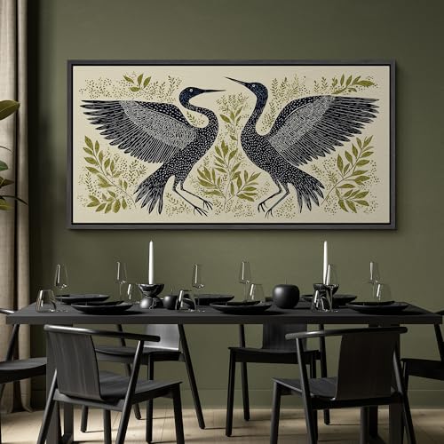 Image of MUDECOR Extra Large Framed Canvas Print Wall Art Modern Crane Birds with Green Botanical Antique Retro Ready to Hang Painting for Living Room Bedroom Multi-Sizes - 60 inchx30 inch