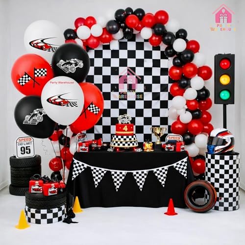 Image of Party Warehouse Racing Car Balloon Set for Birthday - 5Pcs | Race Theme Foil Balloons for Race Lovers | Tyre & Checkered Flag Balloons for Kids /Adults Party Decorations | Red, Black & White