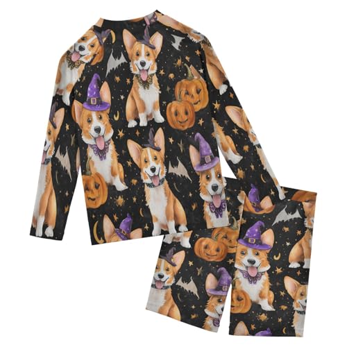 Corgi Dog Halloween Pumkin Boys Swimsuit Rash Guard Toddler Kids Long Sleeve Swim Shirt and Trunks Swimwear Set 3-10Y2