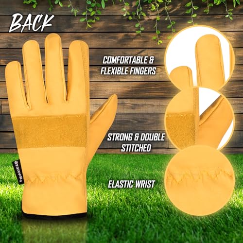 SAWANS Leather Working Gardening Gloves for Men Women Thorn Proof Comfortable Breathable Multi-Purpose Work Gloves Protective Garden Gloves Heavy Duty Utility Gripper (Yellow - Image 2
