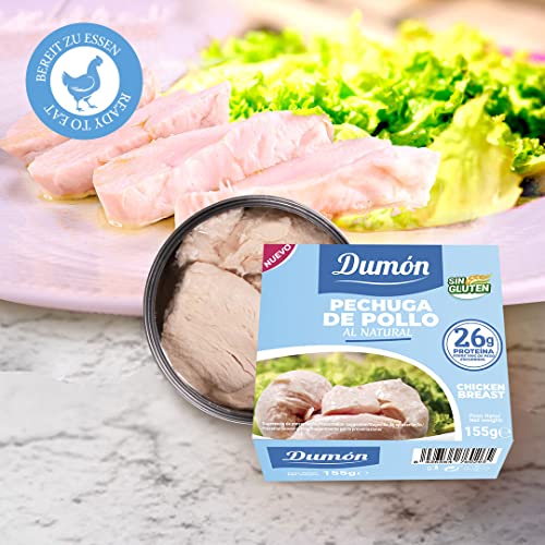 12 Einheiten von 155g. Dumon Hähnchenbrust in Dosen. Hühnchen im eigenen Saft oder Wasser. Konserven mit hohem Proteingehalt, 26 g pro 100 g natürliches Huhn. Leicht zu öffnen.