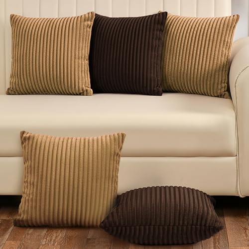Image of Yellow Weaves Pencil-Stripe Fur Cushion Covers | Soft Polyester | Decorative Sofa & Throw Pillow Covers | 16x16 Inches, Pack of 5 (Coffee & Golden Brown)
