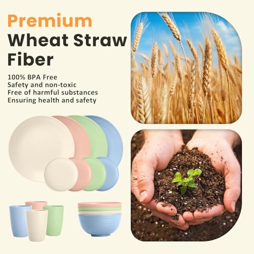 Image of Homienly Premium Dinnerwave Sets, Lightweight & Unbreakable Wheat Straw Dish Set - Plates and Bowls Set with Cups, 16 PCS Microwave and Dishwasher Safe Dinnerware Set - Multi Light
