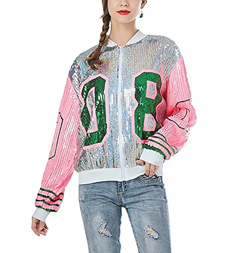 Whitewed Womens Long Sleeve 08 Sparkly Sequin Tops Bomber Varsity Baseball Jacket Coat