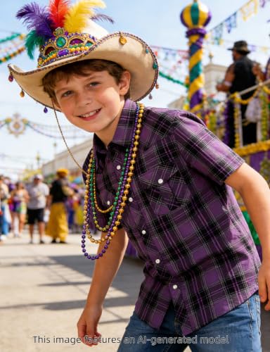 Image of COSLAND Boy's Toddler Cotton Western Short Sleeve Button Down Plaid Shirt, 4-14 Years