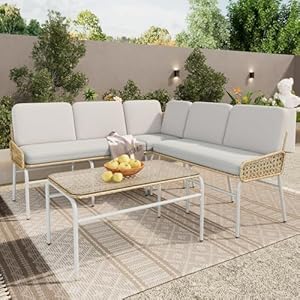 Pawom Polyrotan tuinmeubel, loungebankset voor 4-5 personen, tuinmeubelen met gehard glas, salontafel, abrikozengrijs en natuurlijke rotankleur, buiten zitgroep