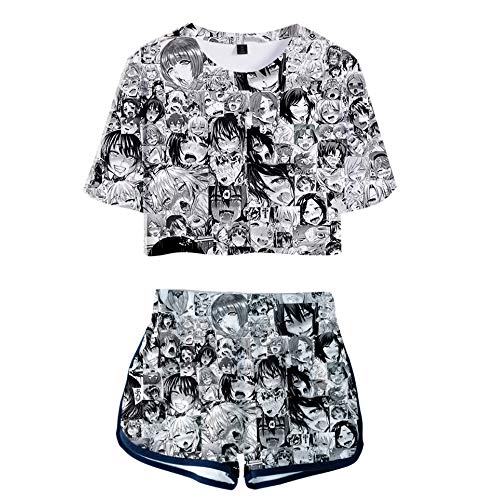 2 Piece Ahegao Outfits for Women Short Sleeve Crop Top and Short Pants Sets (Black and White, Medium)