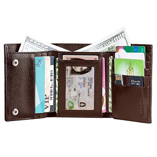 ManChDa Gifts for Fathers Day Multiple Pop up Multi-functionTrifold Wallet -Slits Brown Small Size Leather Wallet Outer Pocket RFID Blocking with one Removable Chain and Gift Box3