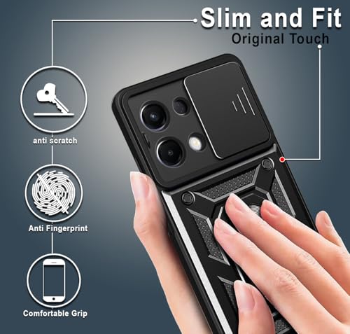 Image of Hupshy Back Cover for Oppo K13 5G | D10 Tough Armor Case | Sliding Camera Shield | 360 Protection | Kickstand Ring Holder | Military-Grade Shockproof Bumper Case (Black)