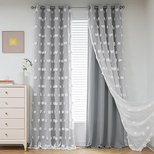 Image of MYSKY HOME 90 Inch Long Grey Curtains for Living Room Double Layer Blackout Curtains for Boys Bedroom White Pom Pom Sheer Curtains for Kids Room Darkening Grommet Top Nursery Window Panels 52 x 90 in