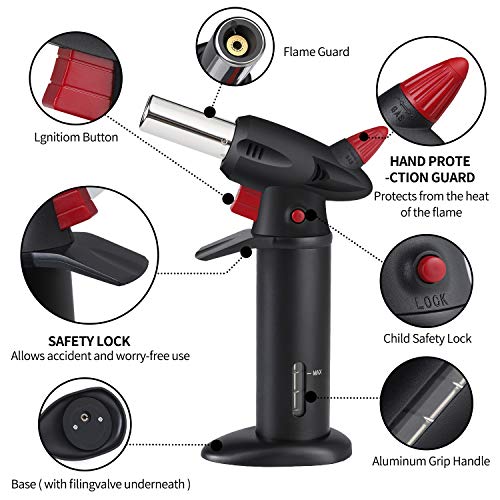 Kitchen Culinary Butane Torch lighter, Mini Blow Torch for Food Creme Brulee, Ham Steak, Fish Baking Supplies- Refillable Kitchen Torches for Cooking with Finger Guard (Butane gas not Included)