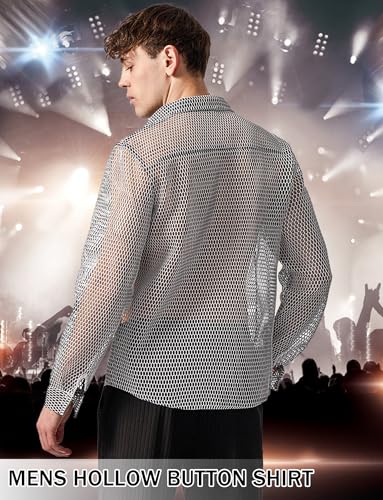 SEAUR ​​Men's Mesh Shirt​ Fishnet Top Long Sleeve Button Down Top See Through Nightclub Undershirts3