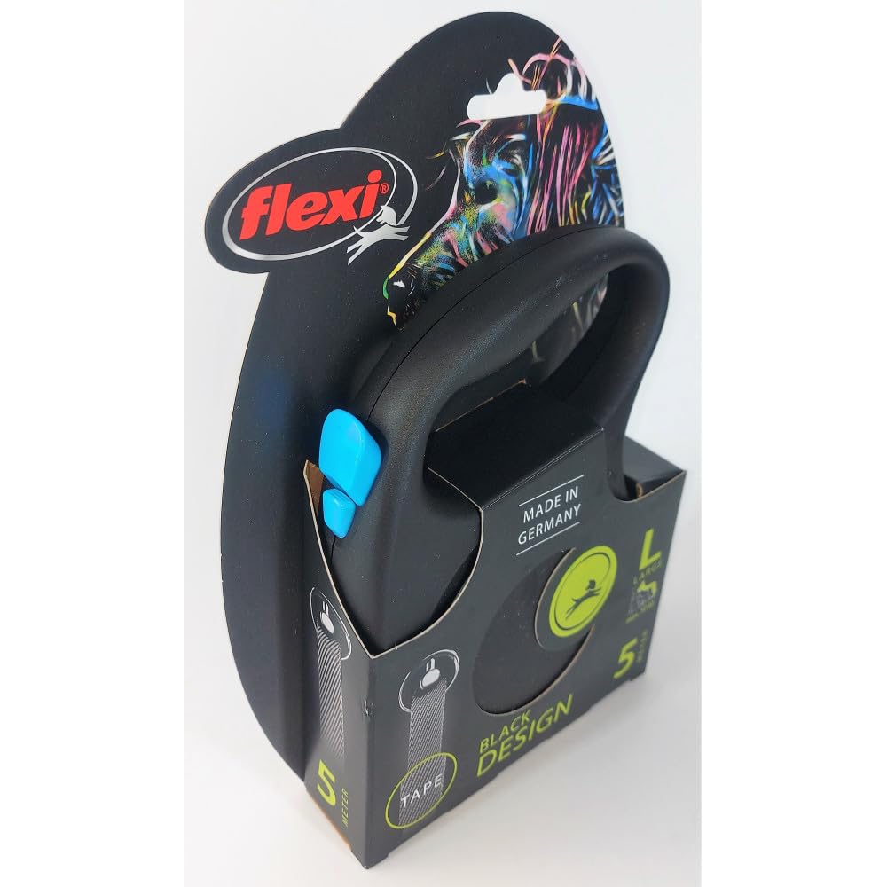 Flexi - Leash - Black Design - Strap Version - Modern and Ergonomic Shape - Advanced Guidance System - Retractable Leash - Made in Germany - Black/Silver - L - 16 ft