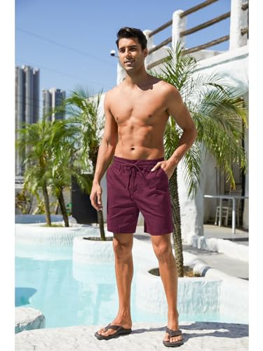 Image of RQP Mens Cotton Linen Shorts Casual Drawstring 7inch Inseam Shorts Stretch Summer Beach Wear