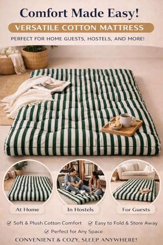 Image of Adim's Handmade Traditional Quilt Gadda Mattress, Green Lining, 7x6 ft,Pure Cotton Fabric, Cotton Filled, Firm, Reversible Design, for Floor Sleeping and Bed Use