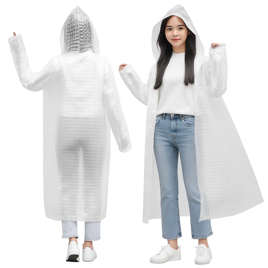 HACER Hooded Raincoat for Women EVA Water Resistant Full Length Long Sleeves Lightweight Rainwear with Hood for Adults Camping Hiking Trekking (Pack of 1, White, Free Size)