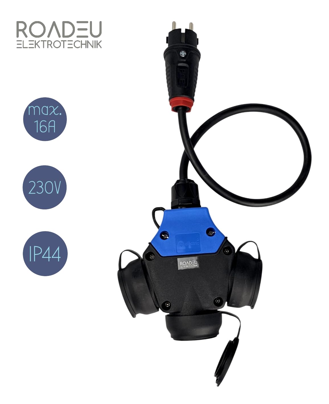 Adattatore Multipresa Schuko 3 Posti 230V 16A – Presa Multipla Tipo F con Cavo in Gomma 0,5 m 3x2,5 mm², IP44 – per Giardino, Garage, Officina e Camper