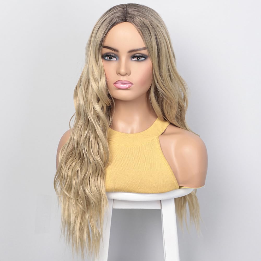 ColorfulPanda Ombre Blonde Wig with Dark Roots Natural Wavy Long Curly Synthetic Wigs for Women Cosplay Party Daily Wear